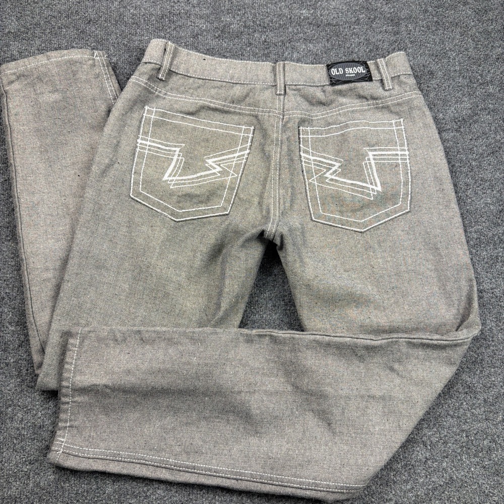 Old Skool Jeans Mens Wide Leg Gray Denim Graphic‎ Back Pockets Y2K 34x30